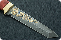 Нож Н10 Телохранитель стабилизированная карельская береза, нержавеющий дамаск, латунь покрытая золотом : фото 4