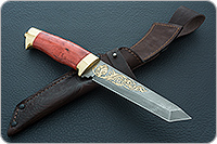 Нож Н10 Телохранитель стабилизированная карельская береза, нержавеющий дамаск, латунь покрытая золотом : фото 10