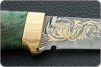 Нож Н10 Телохранитель стабилизированная карельская береза, контрастный дамаск, латунь покрытая золотом : фото 8