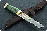 Нож Н10 Телохранитель стабилизированная карельская береза, контрастный дамаск, латунь покрытая золотом : фото 10